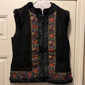 Victor Costa Occasion Boho /Cottagecore Black Vest with Floral Borders -Size XS
